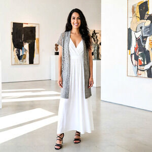 Eileen Fisher Long Gray Lacy Knit Luxe Cardigan Duster Sweater S/M